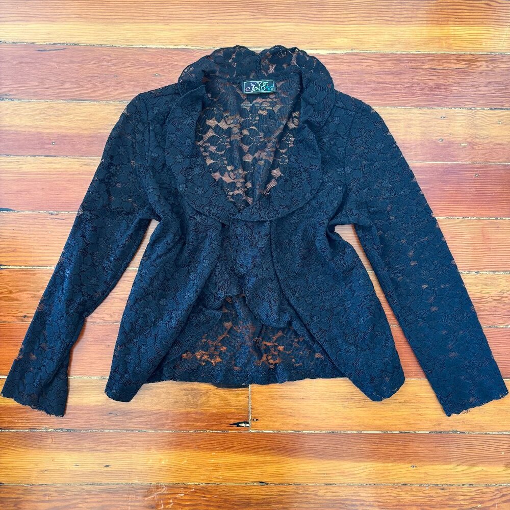 Y2K Goth Vintage Lace Ruffle Black Cardigan Eye Candy